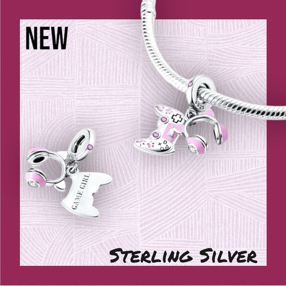New Game Girl Charm Kitty Headset & Controller Design .925 Sterling Silver Charm - Picture 3 of 4